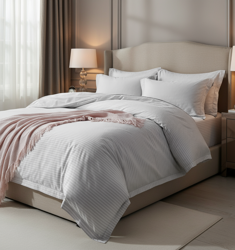 Premium white striped bedding - low angle view