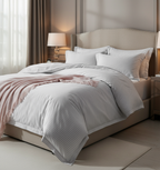 Premium white striped bedding - low angle view