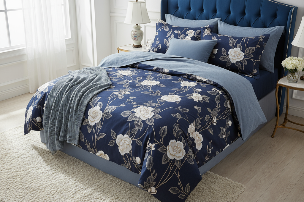 This new version will show your navy blue floral bedding set from a fresh perspective, giving customers another view of the product while maintaining that premium, elegant look. Once it loads, you can add it to your product gallery!